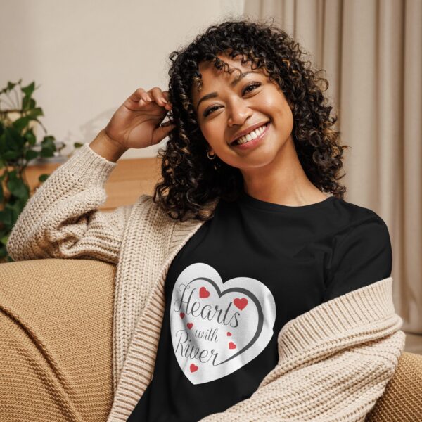 Hearts With River Logo - Women's Relaxed T-Shirt — worn by a model Hearts With River Logo - Women's Relaxed T-Shirt — worn by a model