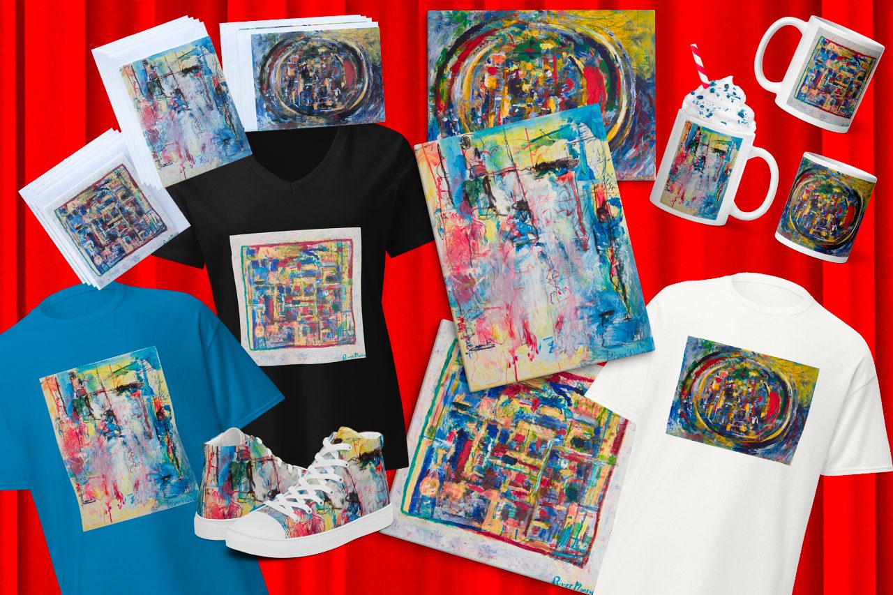 A collection of River’s artwork on canvases, cards, mugs, shirts, and shoes