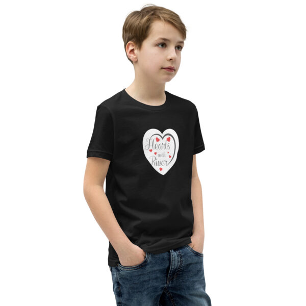 Hearts With River Logo - Youth Short Sleeve T-Shirt — black, right front view
