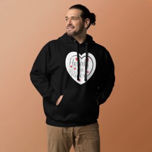 Hearts With River Logo – Men’s Hoodie — worn by a model Hearts With River Logo - Men's Hoodie — worn by a model