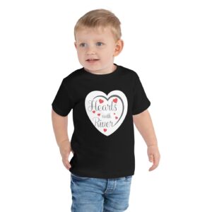 Hearts With River Logo – Toddler Short Sleeve T-shirt — worn by a model Hearts With River Logo - Toddler Short Sleeve T-shirt — worn by a model