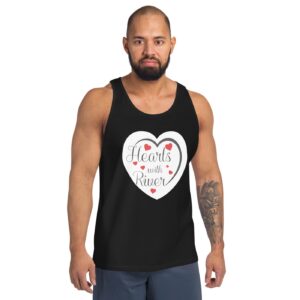 Hearts With River Logo - Men's Tank Top — worn by a model Hearts With River Logo - Men's Tank Top — worn by a model