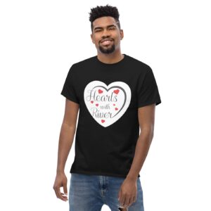 Hearts With River Logo - Men's Classic T-shirt — worn by a model Hearts With River Logo - Men's Classic T-shirt — worn by a model