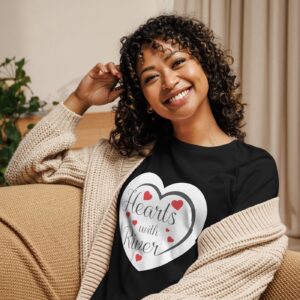 Hearts With River Logo – Women’s Relaxed T-Shirt — worn by a model Hearts With River Logo - Women's Relaxed T-Shirt — worn by a model
